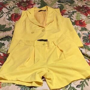 Yellow Sleeveless Blazer and Shorts Set